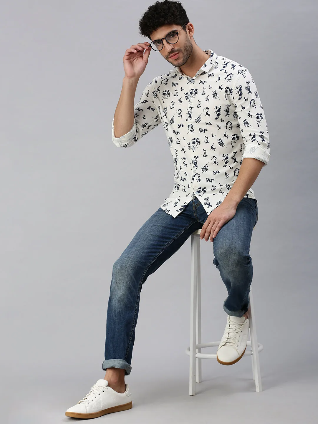 Men Cream Comfort Printed Casual Shirt