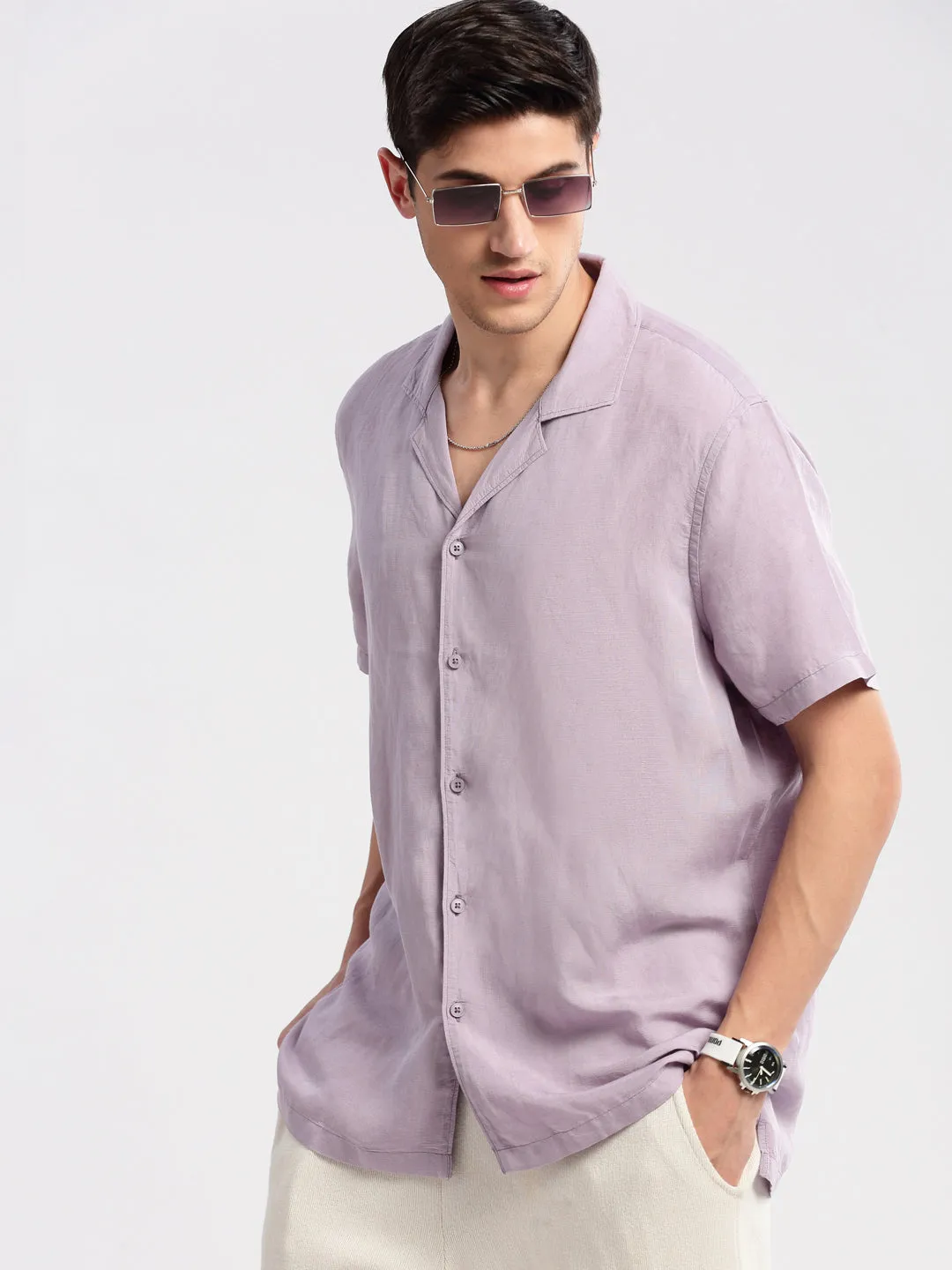 Men Cuban Collar Solid Lavender Casual Shirt