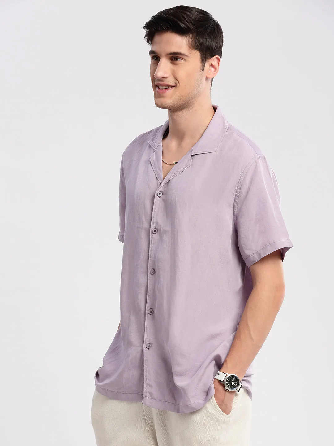 Men Cuban Collar Solid Lavender Casual Shirt
