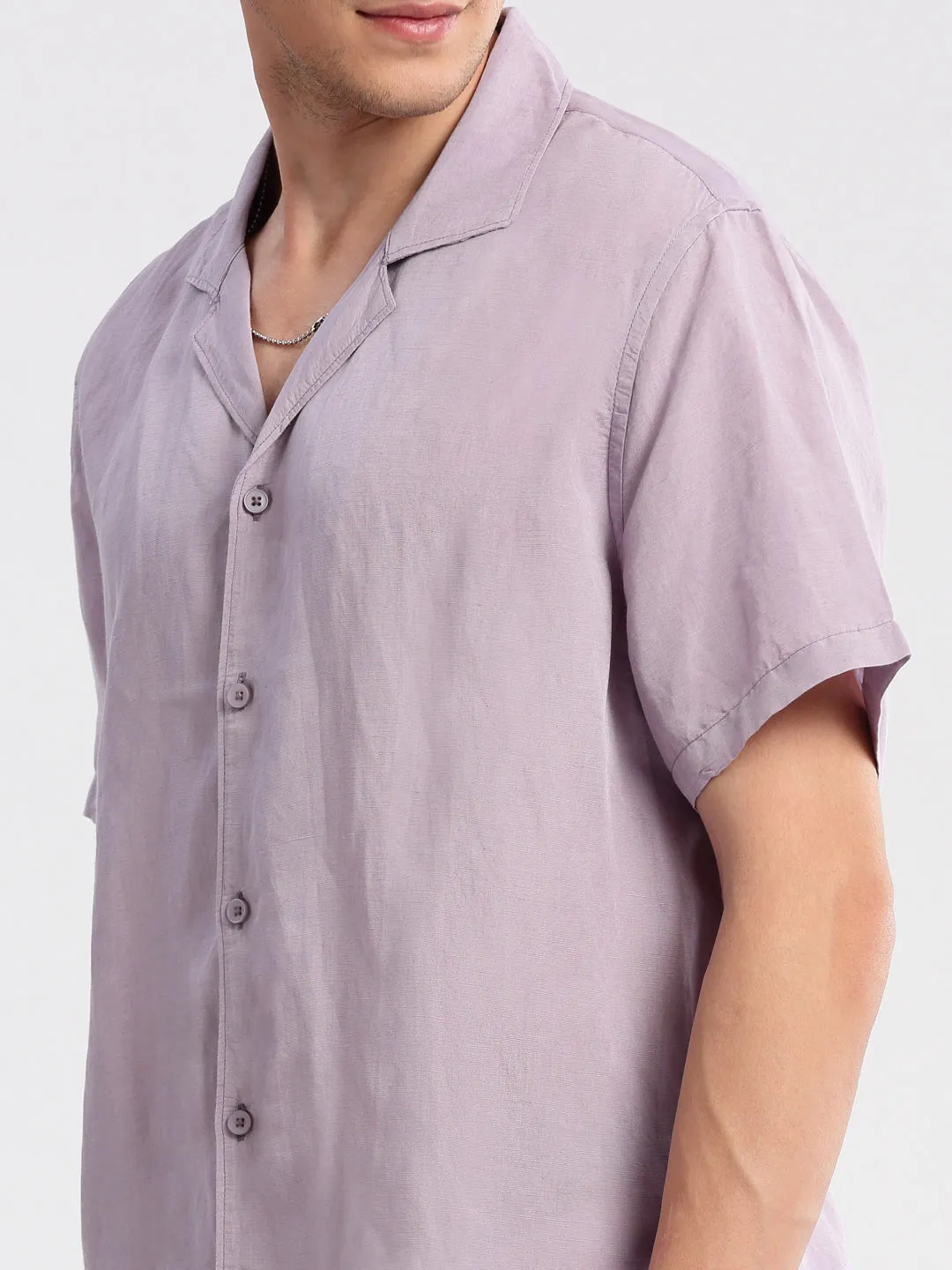 Men Cuban Collar Solid Lavender Casual Shirt