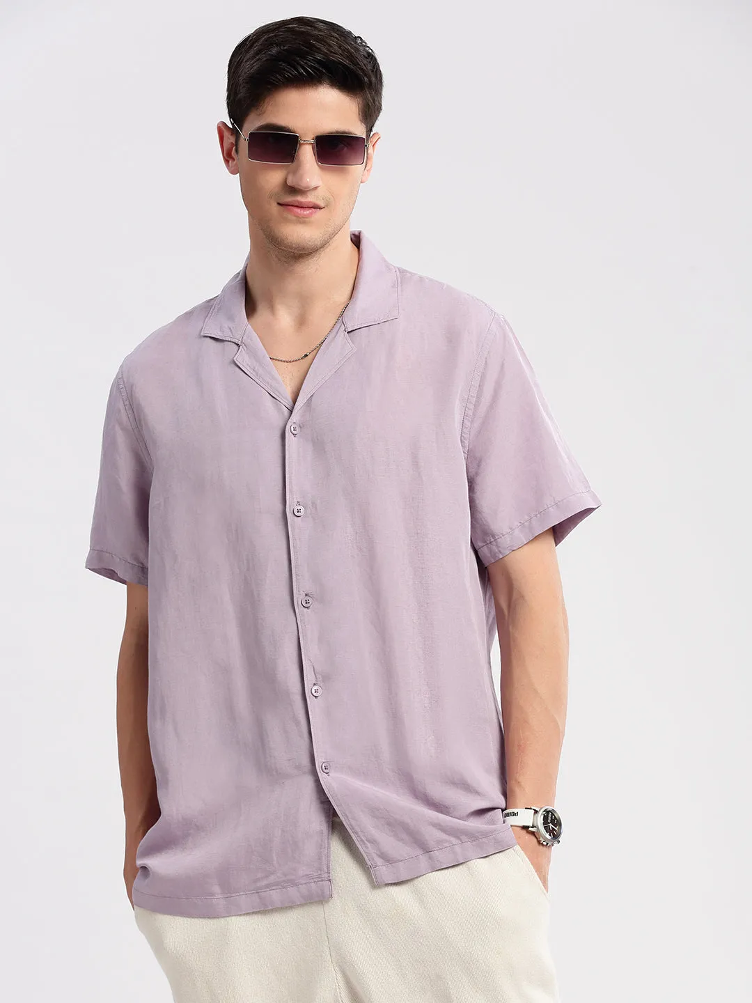 Men Cuban Collar Solid Lavender Casual Shirt