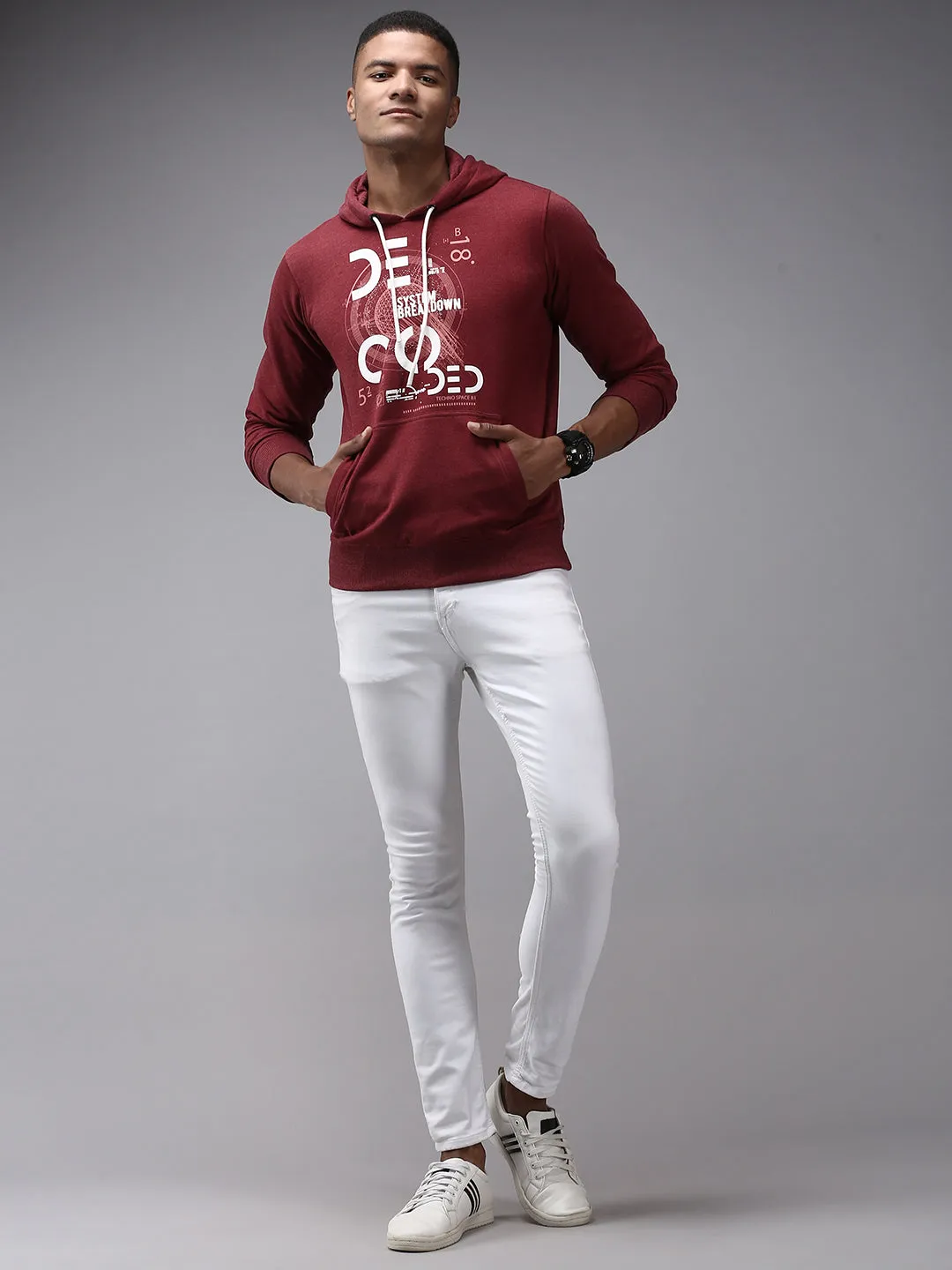 Men Maroon Printed Hooded Cotton Sweatshirt