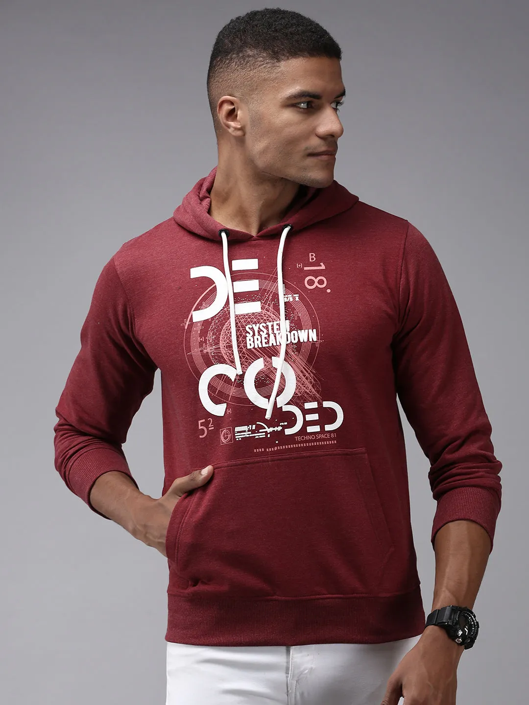Men Maroon Printed Hooded Cotton Sweatshirt