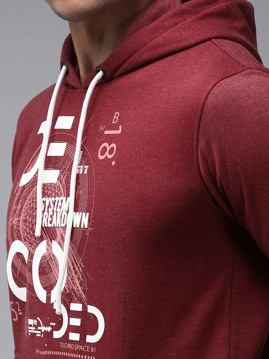 Men Maroon Printed Hooded Cotton Sweatshirt