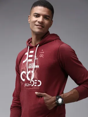Men Maroon Printed Hooded Cotton Sweatshirt
