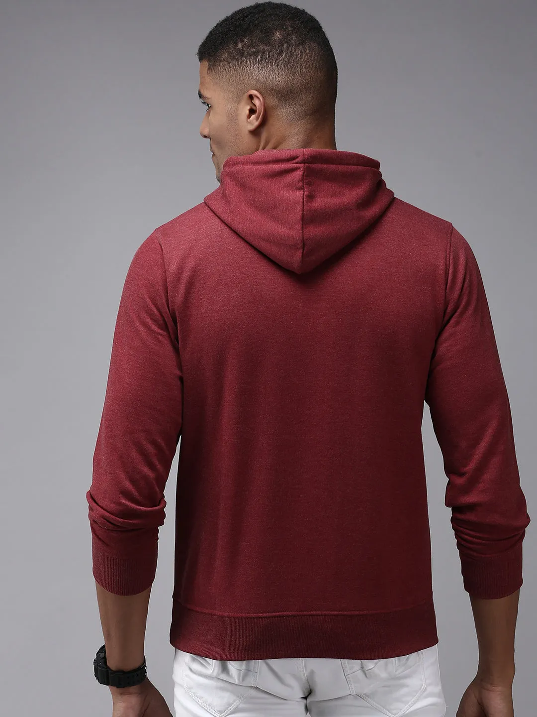 Men Maroon Printed Hooded Cotton Sweatshirt