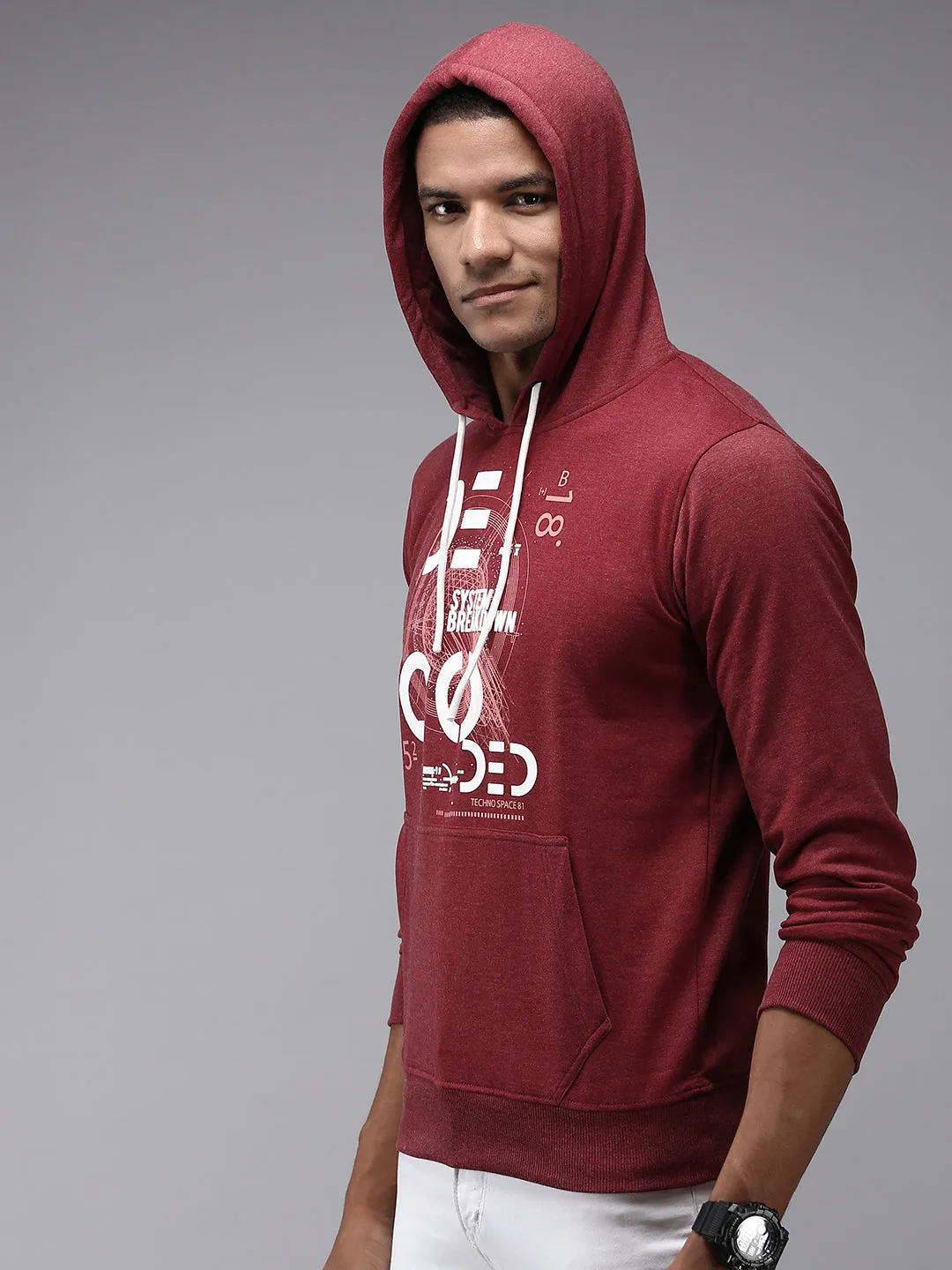 Men Maroon Printed Hooded Cotton Sweatshirt