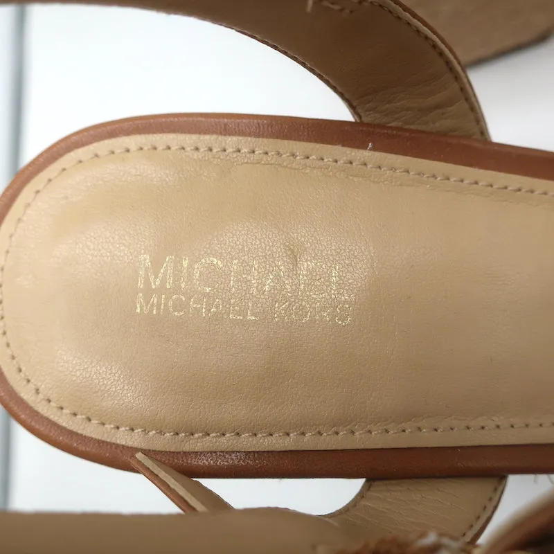 MICHAEL Michael Kors Fisher Palm Leaf Beaded Wedge Sandals Brown Leather Size 8