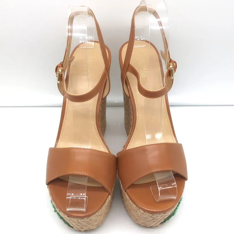 MICHAEL Michael Kors Fisher Palm Leaf Beaded Wedge Sandals Brown Leather Size 8
