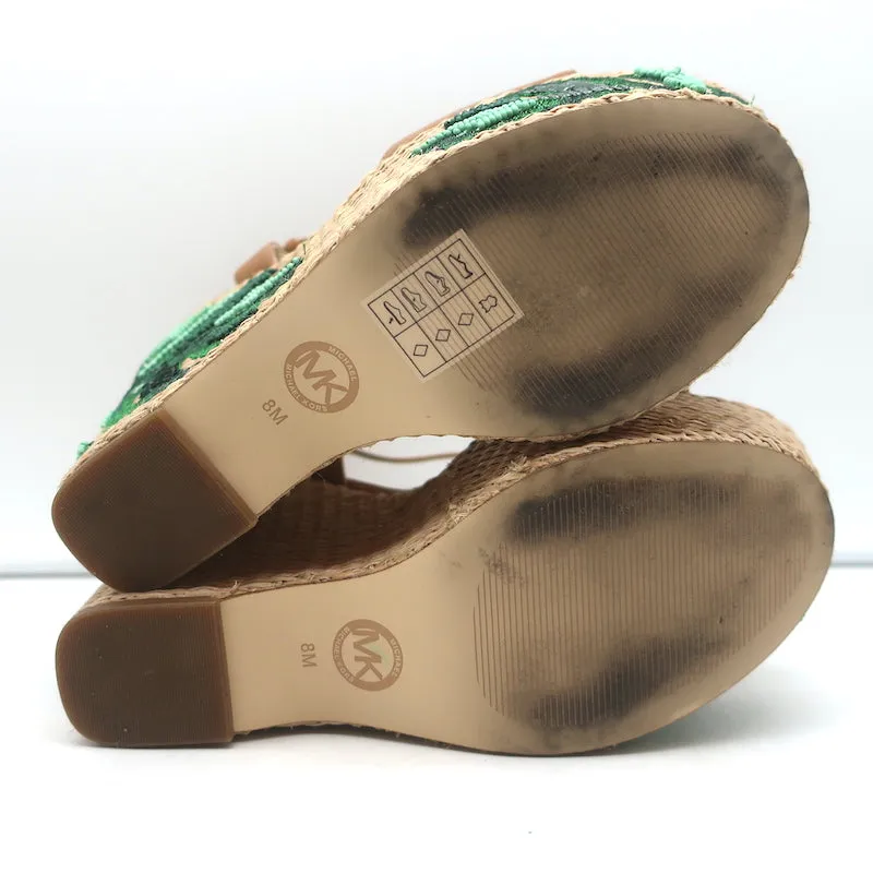 MICHAEL Michael Kors Fisher Palm Leaf Beaded Wedge Sandals Brown Leather Size 8