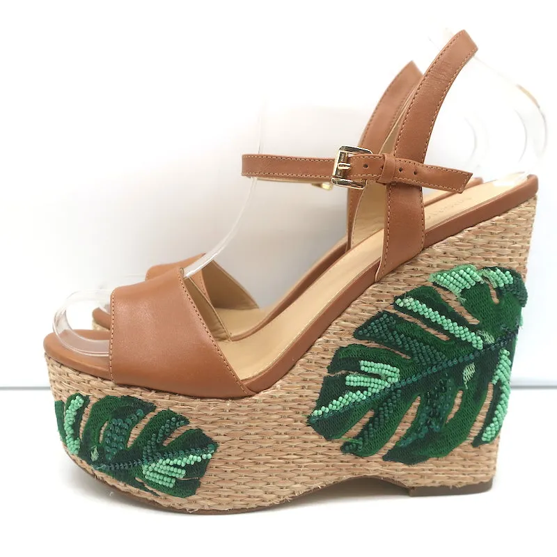 MICHAEL Michael Kors Fisher Palm Leaf Beaded Wedge Sandals Brown Leather Size 8
