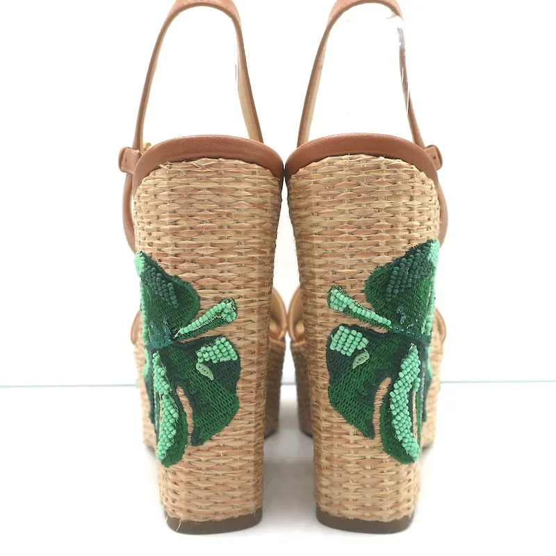 MICHAEL Michael Kors Fisher Palm Leaf Beaded Wedge Sandals Brown Leather Size 8