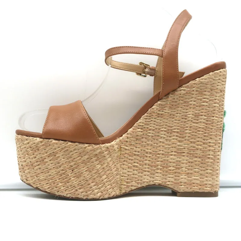 MICHAEL Michael Kors Fisher Palm Leaf Beaded Wedge Sandals Brown Leather Size 8