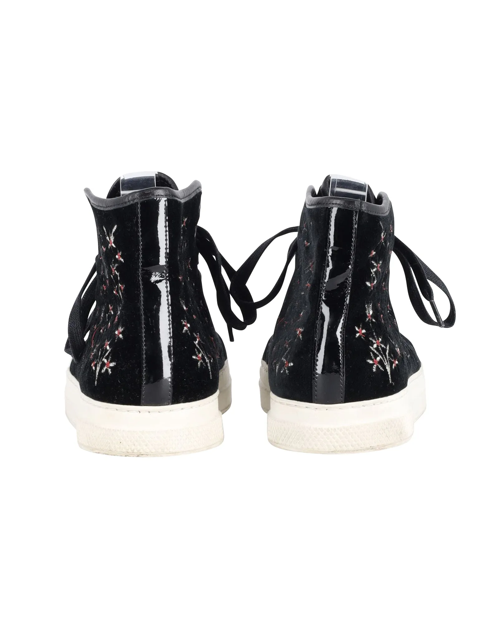 Mother Of Pearl Embroidered High Top Sneakers in Black Patent Leather and Suede