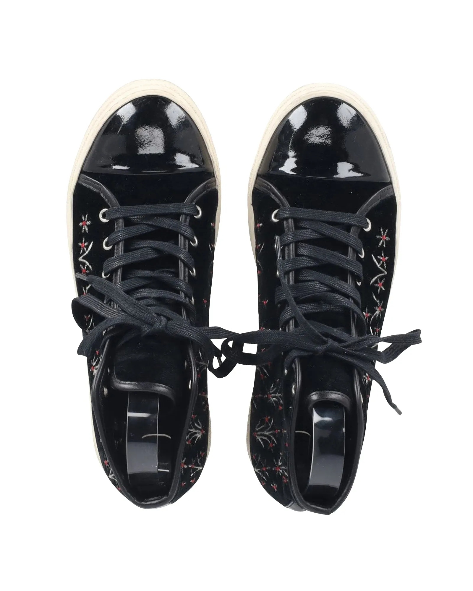 Mother Of Pearl Embroidered High Top Sneakers in Black Patent Leather and Suede