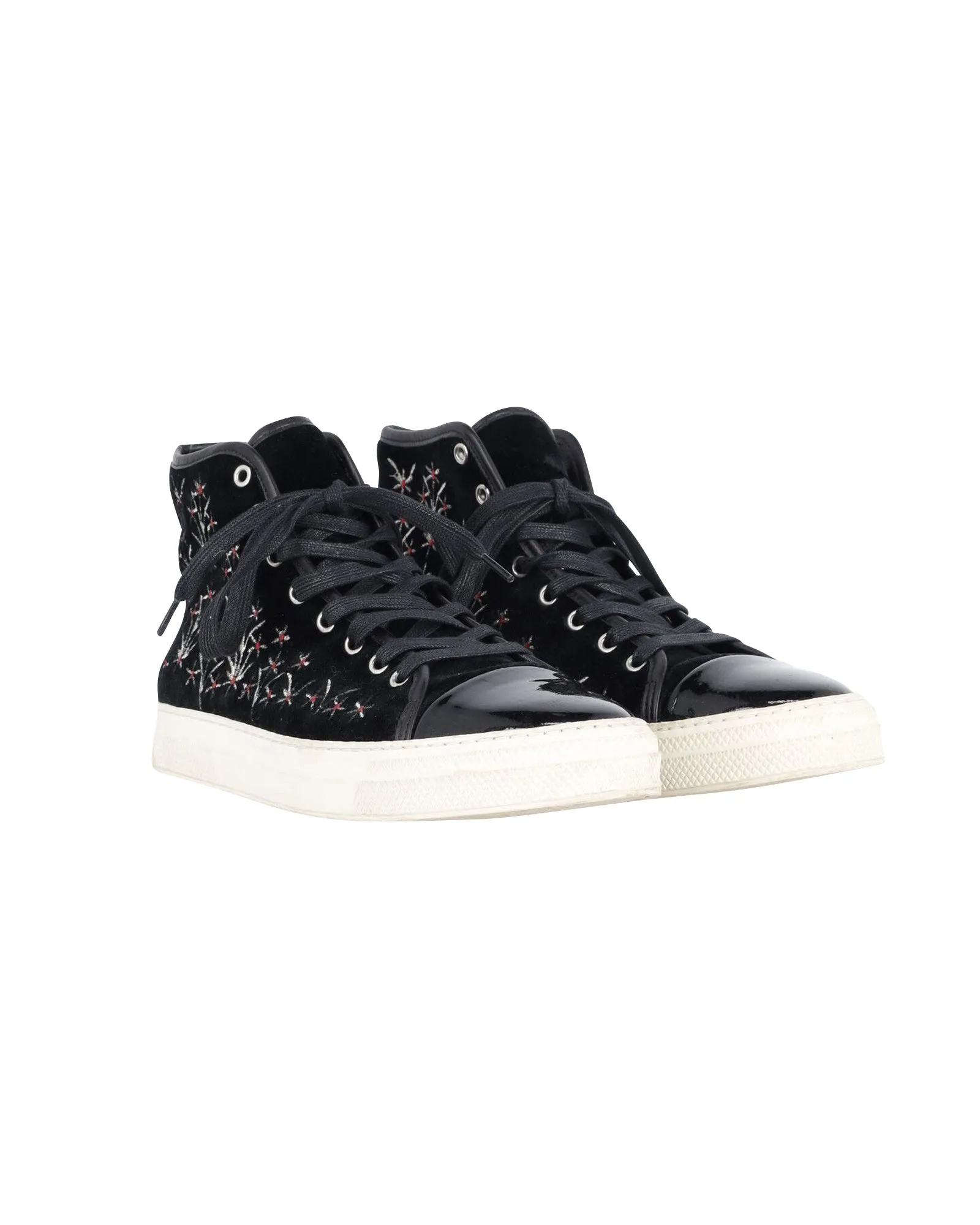 Mother Of Pearl Embroidered High Top Sneakers in Black Patent Leather and Suede