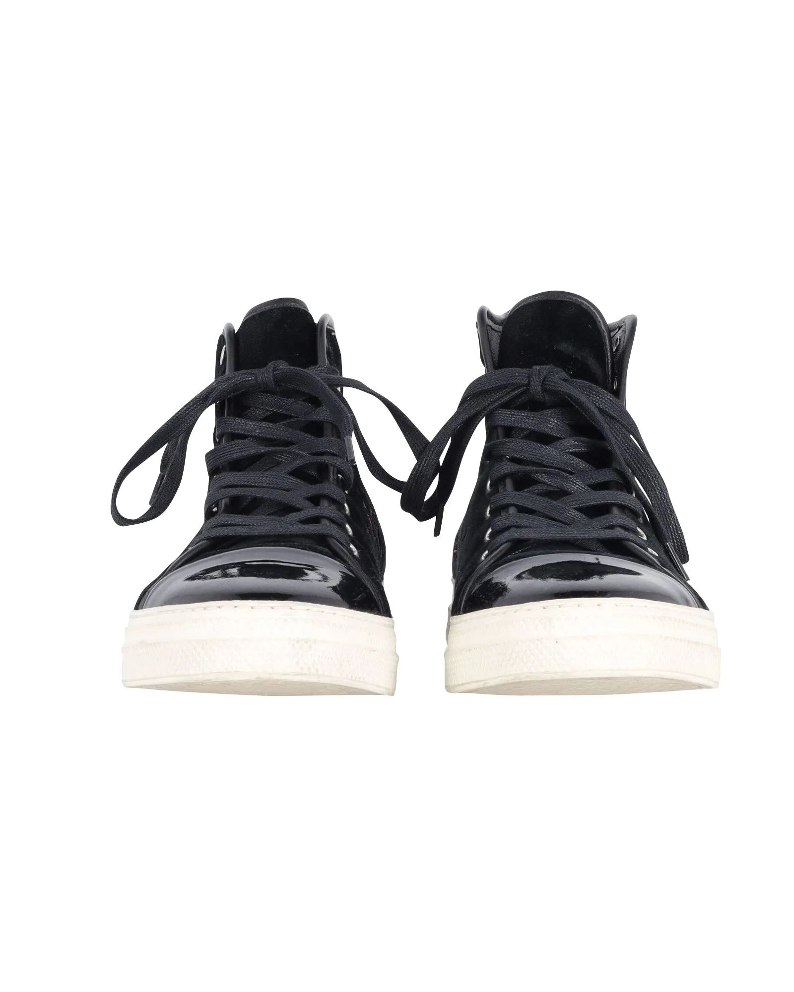 Mother Of Pearl Embroidered High Top Sneakers in Black Patent Leather and Suede