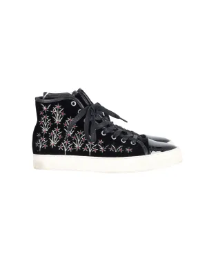 Mother Of Pearl Embroidered High Top Sneakers in Black Patent Leather and Suede