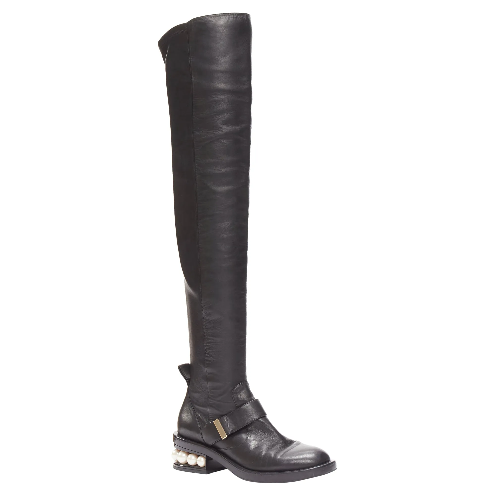 Nicolas Kirkwood pearl embellished heel knitee high boots