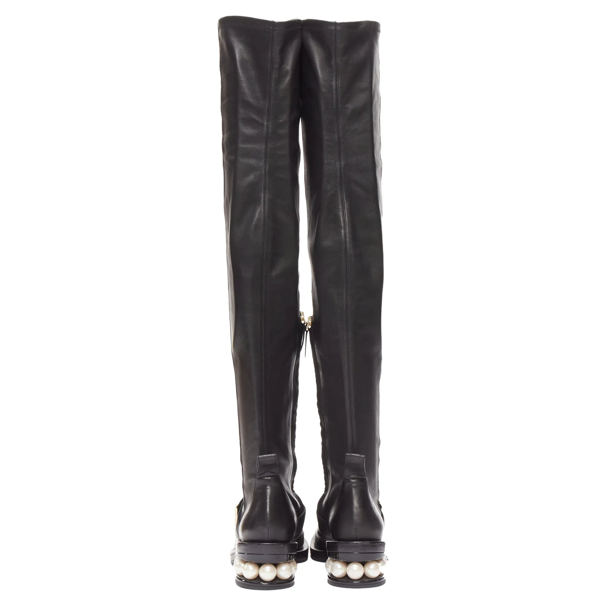 Nicolas Kirkwood pearl embellished heel knitee high boots