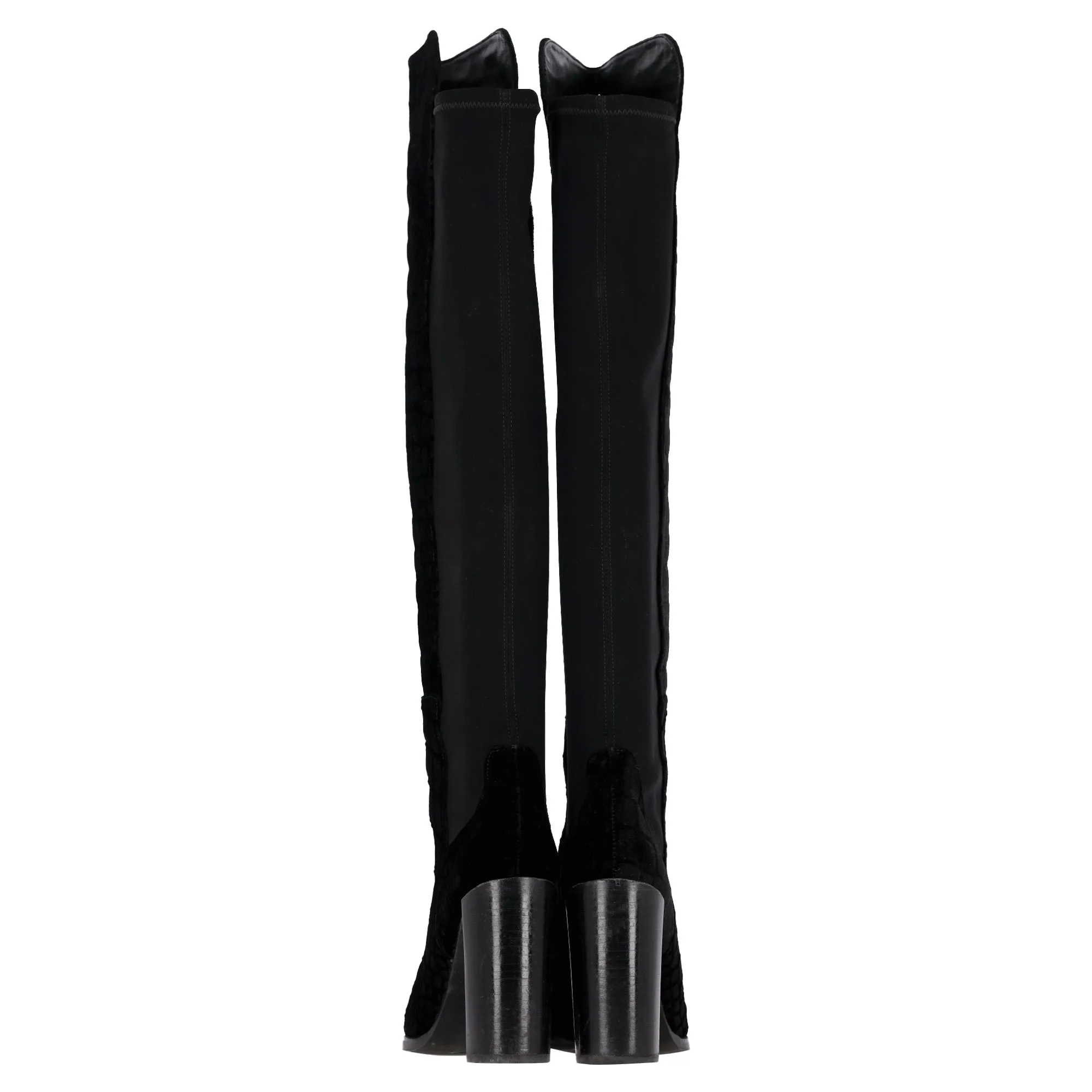 Stuart Weitzman Crocodile-Embossed Knee-High Heeled Boots in Black Velvet