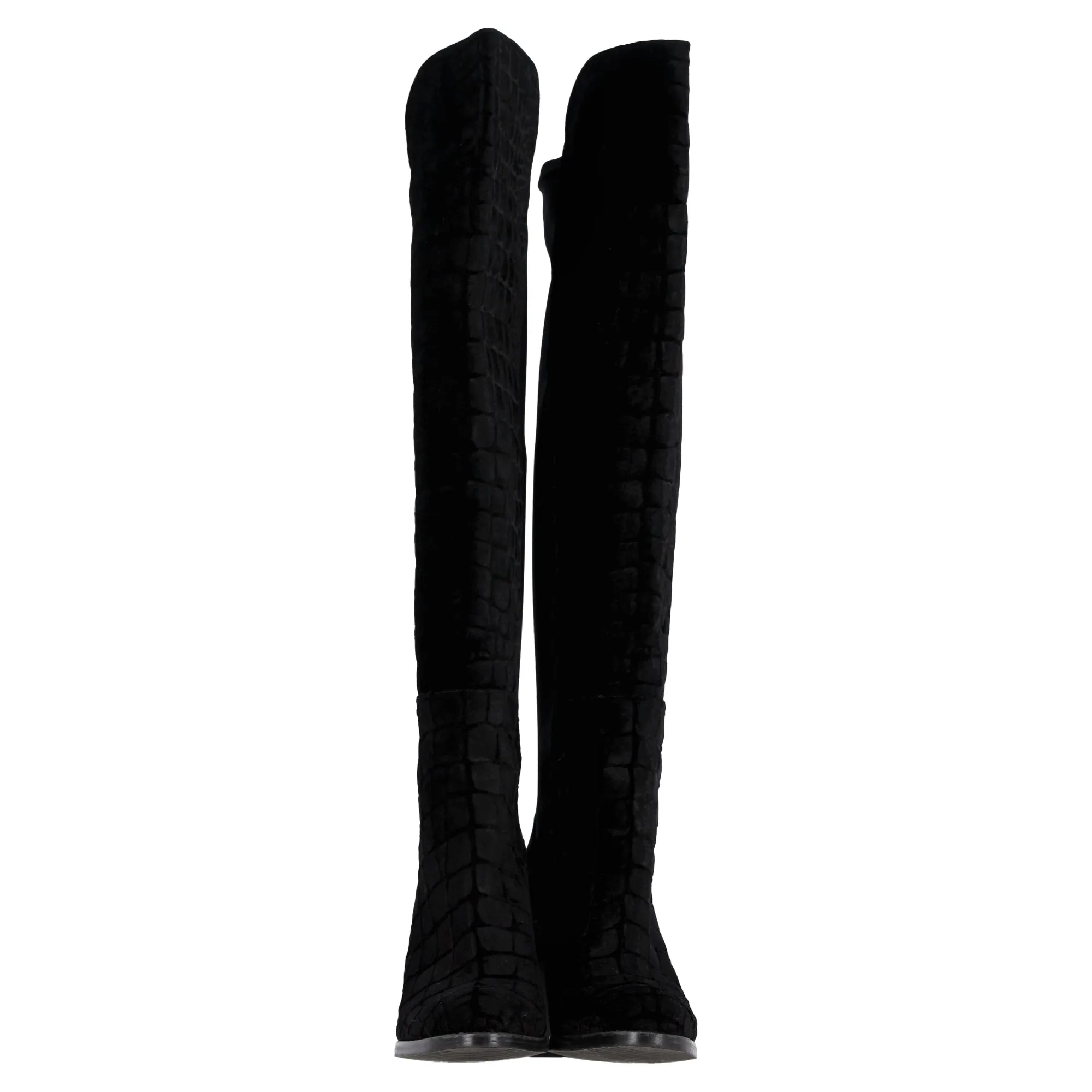 Stuart Weitzman Crocodile-Embossed Knee-High Heeled Boots in Black Velvet