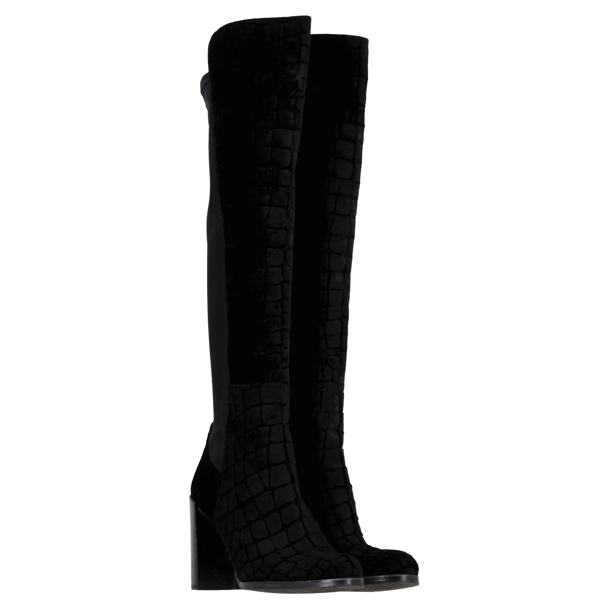 Stuart Weitzman Crocodile-Embossed Knee-High Heeled Boots in Black Velvet