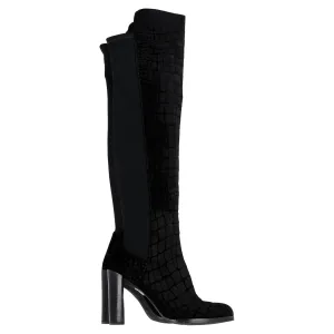 Stuart Weitzman Crocodile-Embossed Knee-High Heeled Boots in Black Velvet