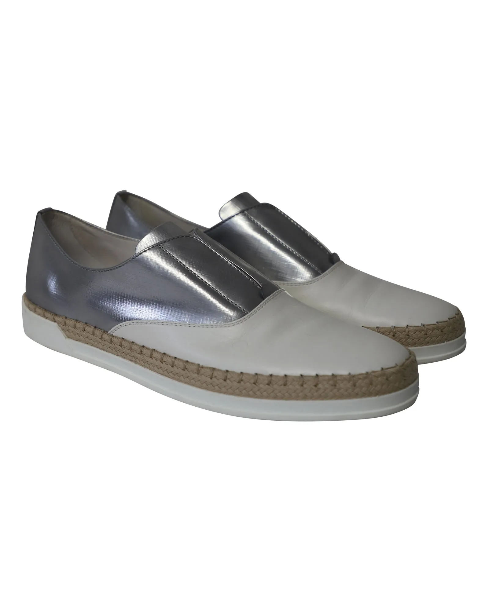Tod's Francesina Espadrille Slip On Sneakers in Silver/White Leather