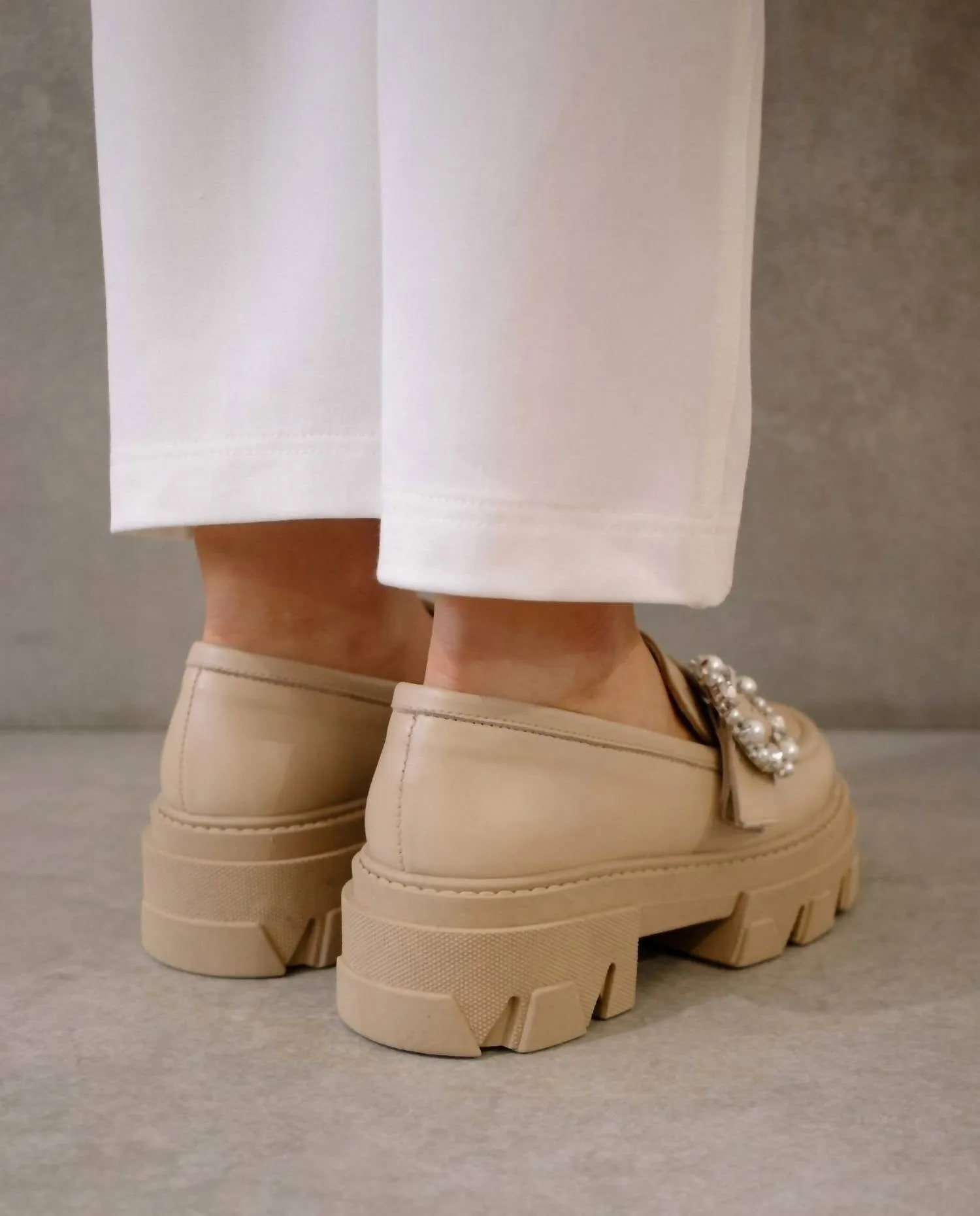 Trailblazer Crystal Loafers In Ivory/beige Leather
