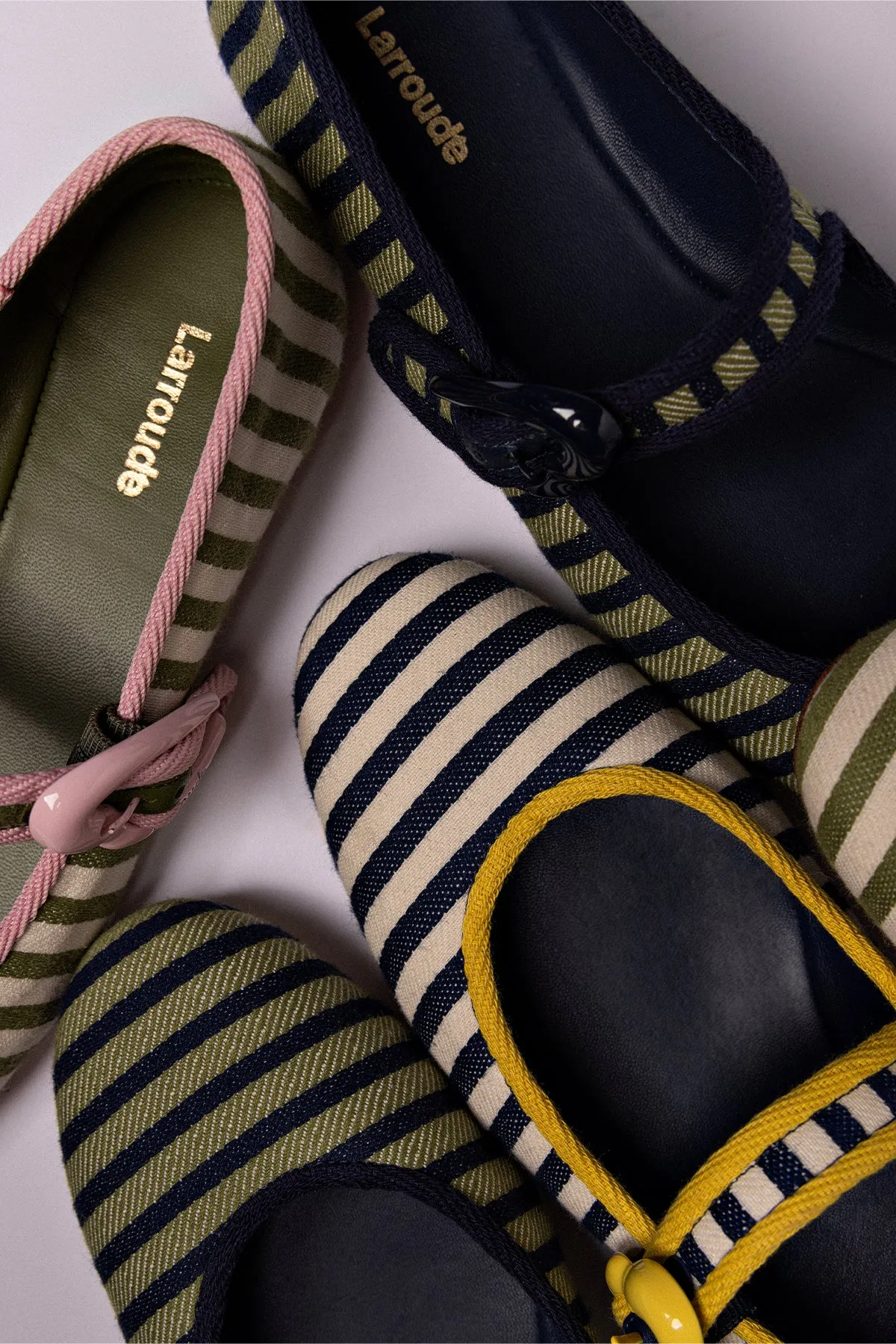Verona Ballet Flat In Navy and Green Striped Fabric and Navy Trimming