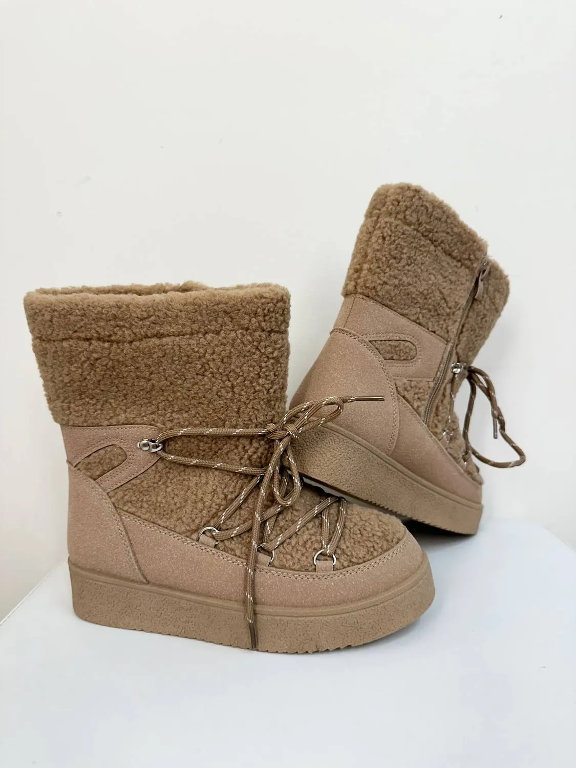 Women's Borg Fleece Furry Lace Up Snow Boots In Beige