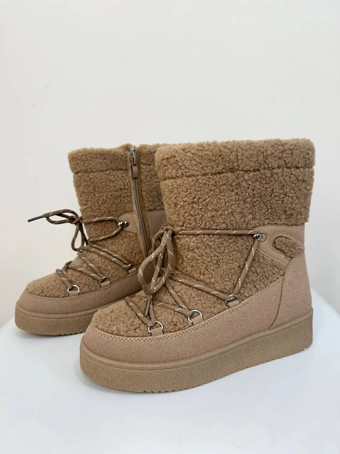 Women's Borg Fleece Furry Lace Up Snow Boots In Beige