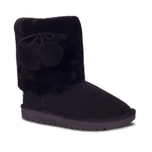 Women's Pom Pom Sheepskin Boots In Black